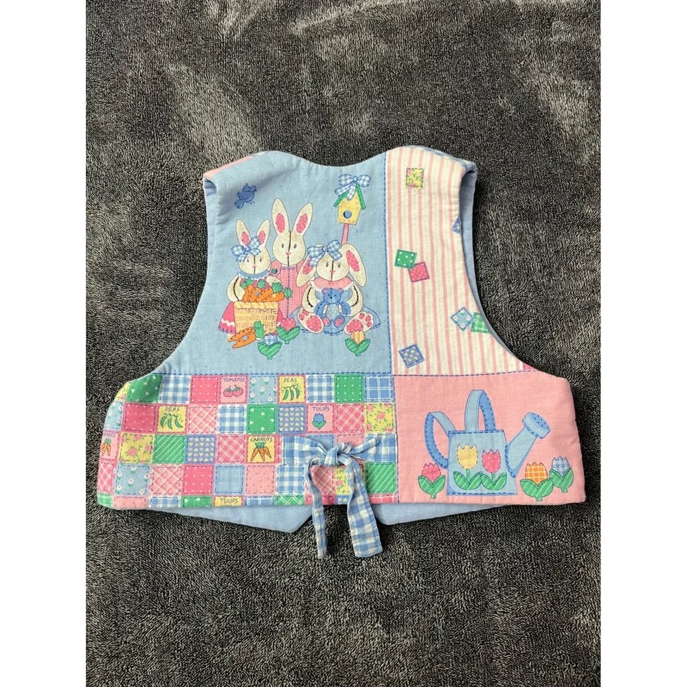 Vintage Handmade Easter Bunny Chick Patchwork Vest Blue Gingham Pink Kids Spring